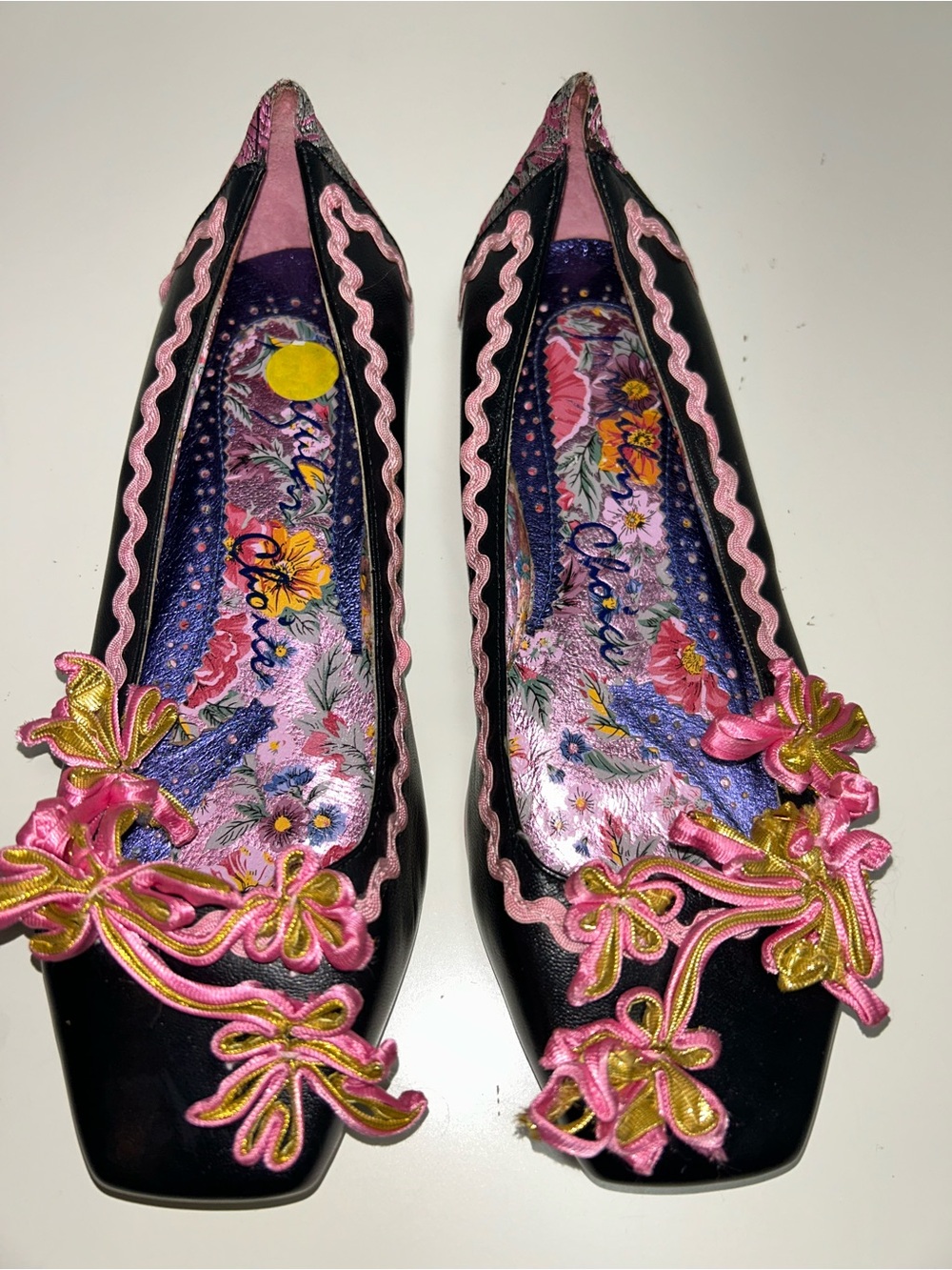 Irregular Choice Black Leather Pink Gold Floral Appliqué Tapestry Ballet Flat